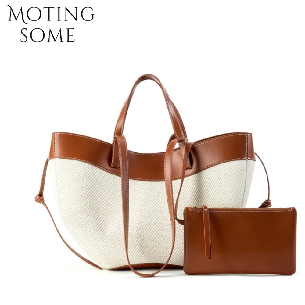 Motingsome Summer Tote Bag Woman Holiday Handbag Luxury Designer Bags Cotton Fabric with Cow Leather Shoulder Purses 2025 New