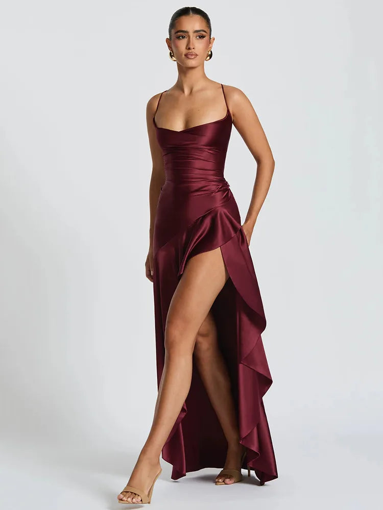Articat Elegant Spaghetti Strap Satin Split Maxi Dress Women Sexy Backless Bodycon Party Evening Dress Summer