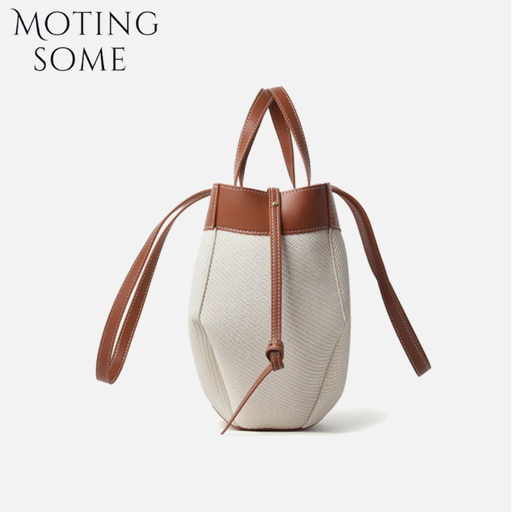 Motingsome Summer Tote Bag Woman Holiday Handbag Luxury Designer Bags Cotton Fabric with Cow Leather Shoulder Purses 2025 New