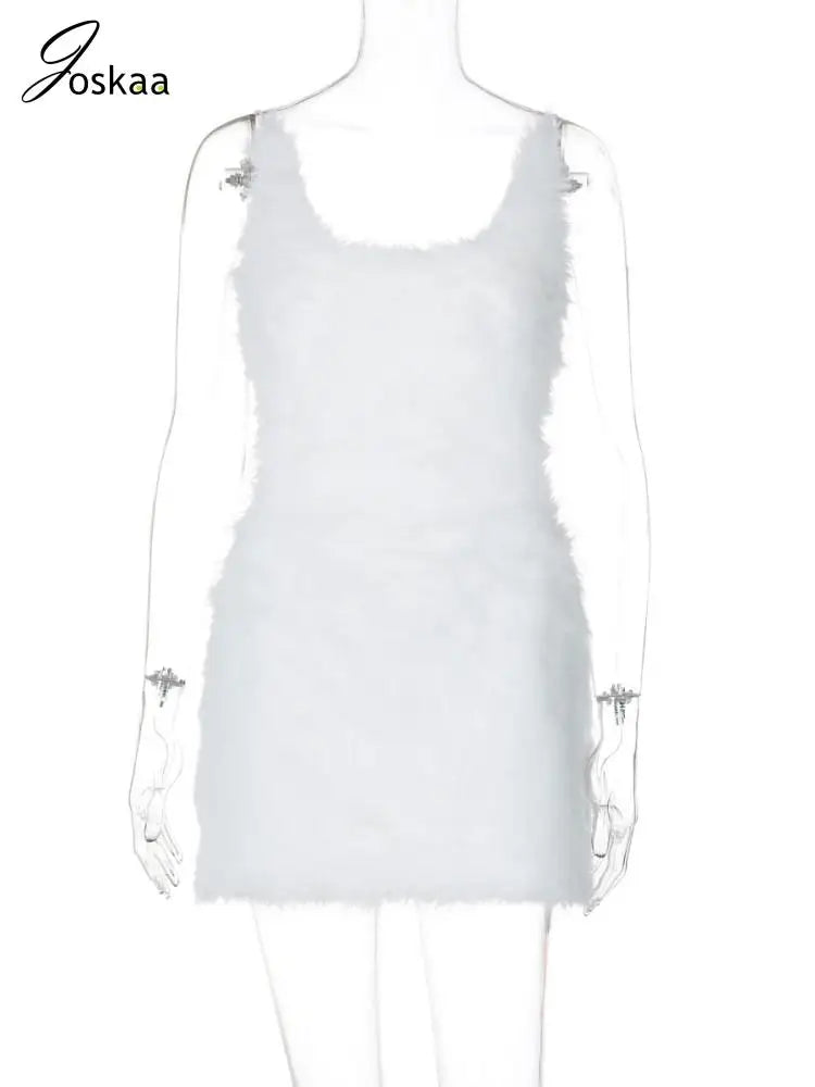 Joskaa Sexy Furry Mini White Dress Women Hipster Spaghetti Strap Low Cut Backless Body-Shaping Vestidos Birthday Party Clubwear