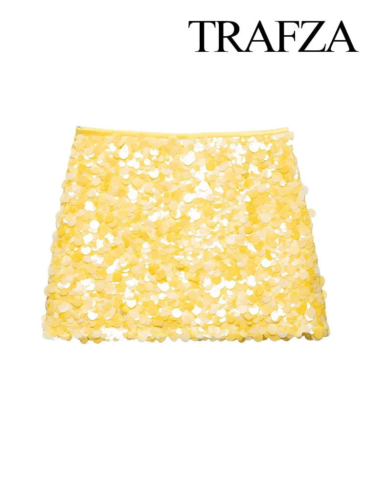 TRAFZA Women Summer Fashion Versatile High Waist Slim Sequin Mini Skirt Female Sexy Hip Side Zipper Punk Party Short Skirt Mujer