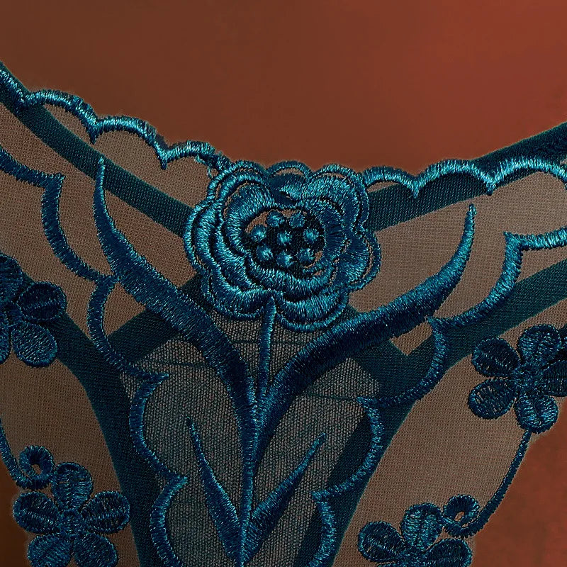 Sexy Embroidered and Hollowed-out Women's Thong, Party Vacation Jacquard Women's Panties - Purple and Green.