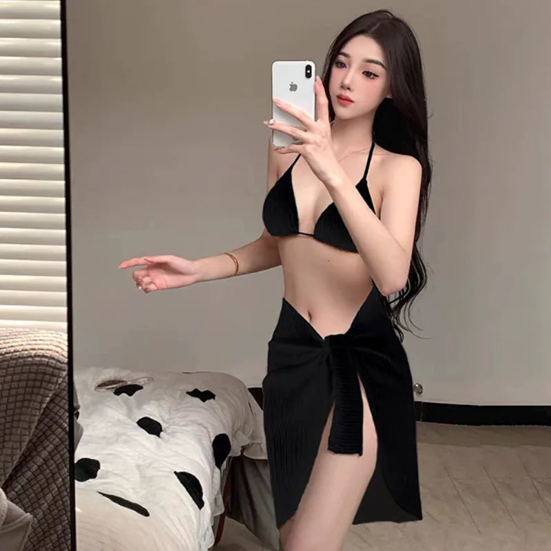 Sexy Swimsuit Women's Bikini Chest Cushion No Steel Support Three Piece Split Set Swimming Water Sports