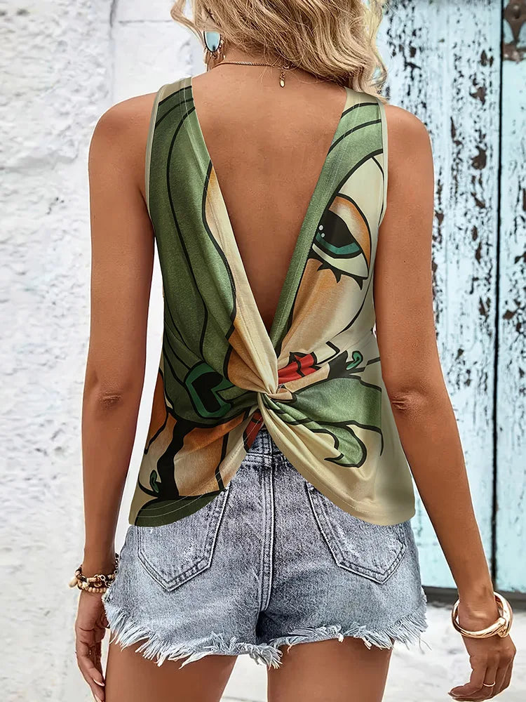Women's Summer Sleeveless Backless Top, Unique Print with Knot Detail, Ideal for Vacation Outfits, Must - Have Casual Clothes