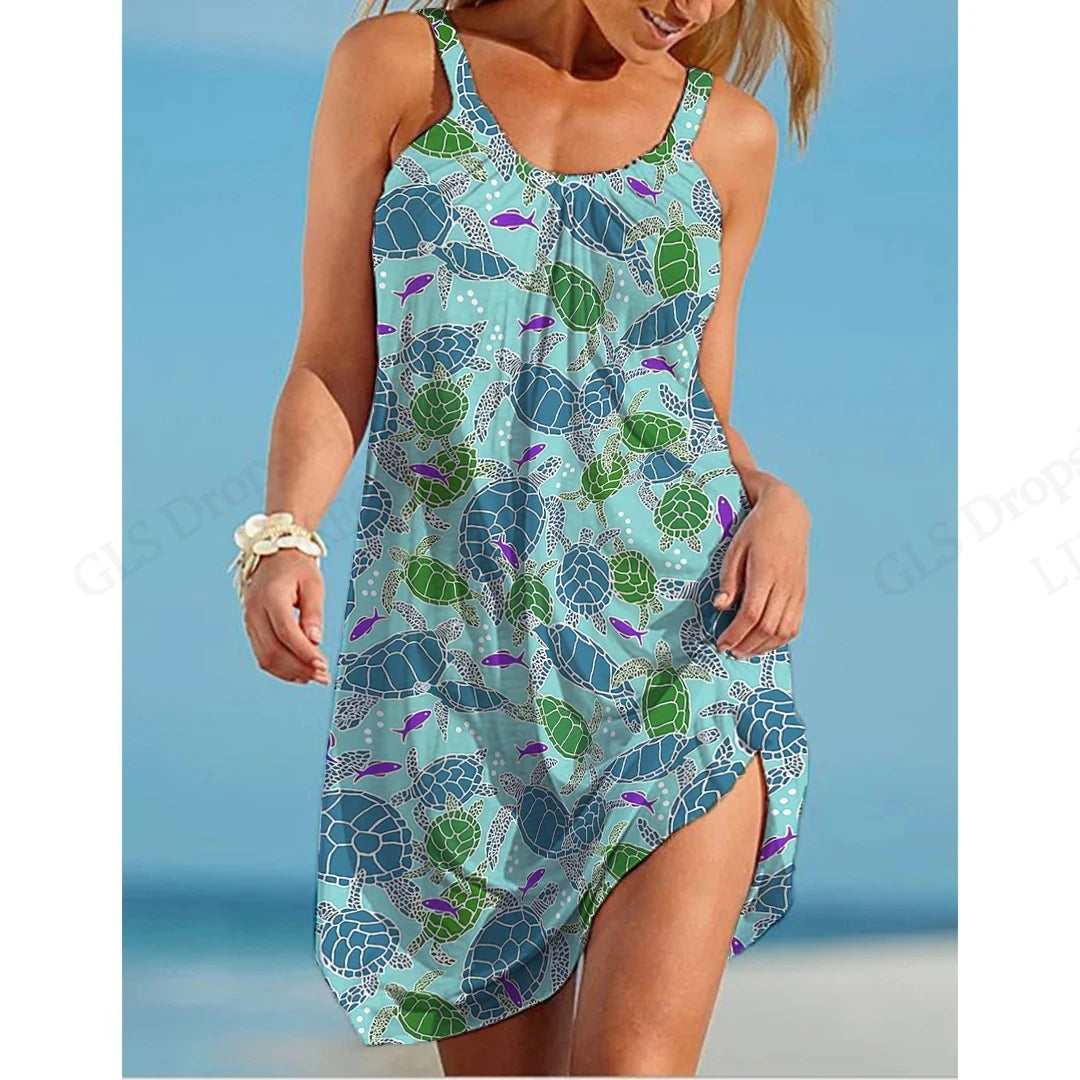 New Women Dress Sleeveless Elegant For Women Fashion Summer Mini Strap Beach Dress Sea Turtle 3d Print Dresses Bohemian Party