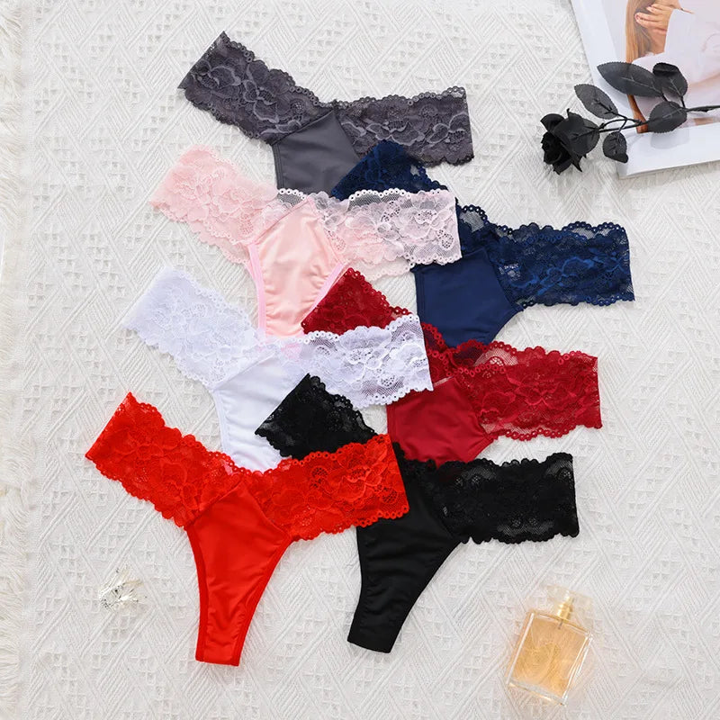Sexy Sheer Lace Mid-Rise Women's Thong Panties - Nylon Knit Underwear, Lingerie Intimates for Ladies | Comfortable Hollow Design