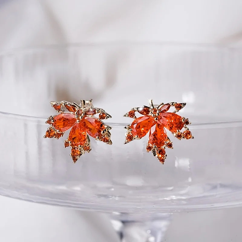 Red Maple Leaf Pendant Necklace and Earrings Two-Piece Set, Niche Light Luxury Women's Earrings and Necklace Set Birthday and New Year Gift