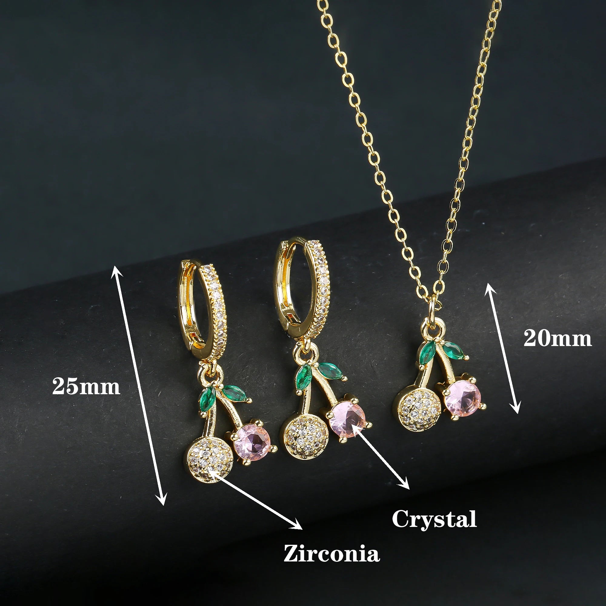 3pcs Hot Sale Shiny Zirconia Crystal Cherry Necklace Bracelet Earrings Jewelry Set Fashion for Woman Girl Wedding Lucky Jewelry
