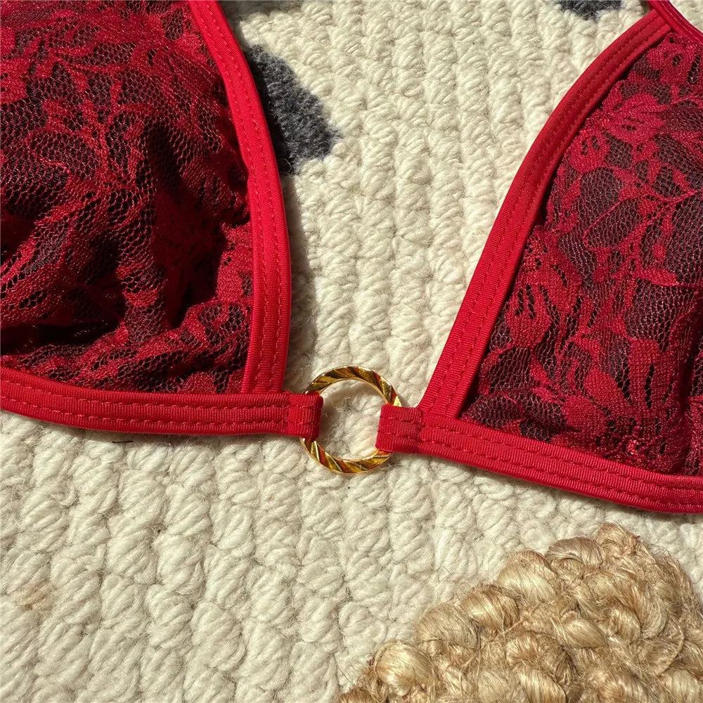 Sexy Black Lace Mesh Swimwear Halter String Triangle Bikinis Sets Mini Micro Thong Swimsuit Woman 2025 Bathing Suit Bikini Mujer