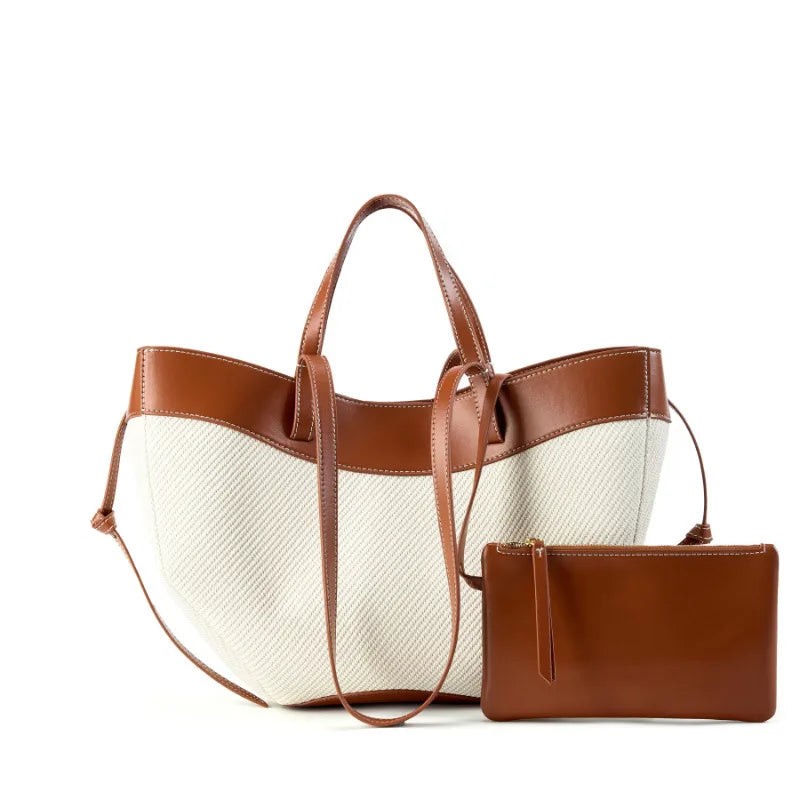 Motingsome Summer Tote Bag Woman Holiday Handbag Luxury Designer Bags Cotton Fabric with Cow Leather Shoulder Purses 2025 New