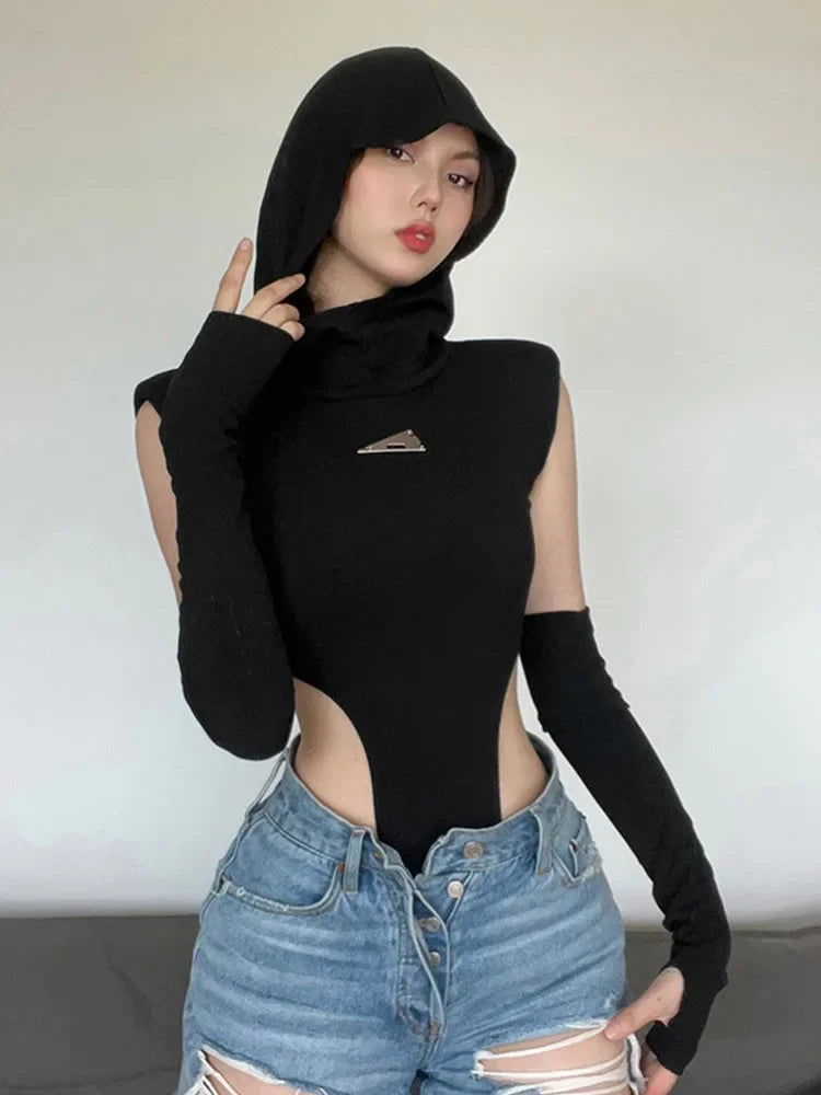 Summer Fashion Slim Solid Color Bodysuit One-Piece Round Neck Hooded Sleeveless Lingerie Sexy Streetwear Casual Festival Outfit