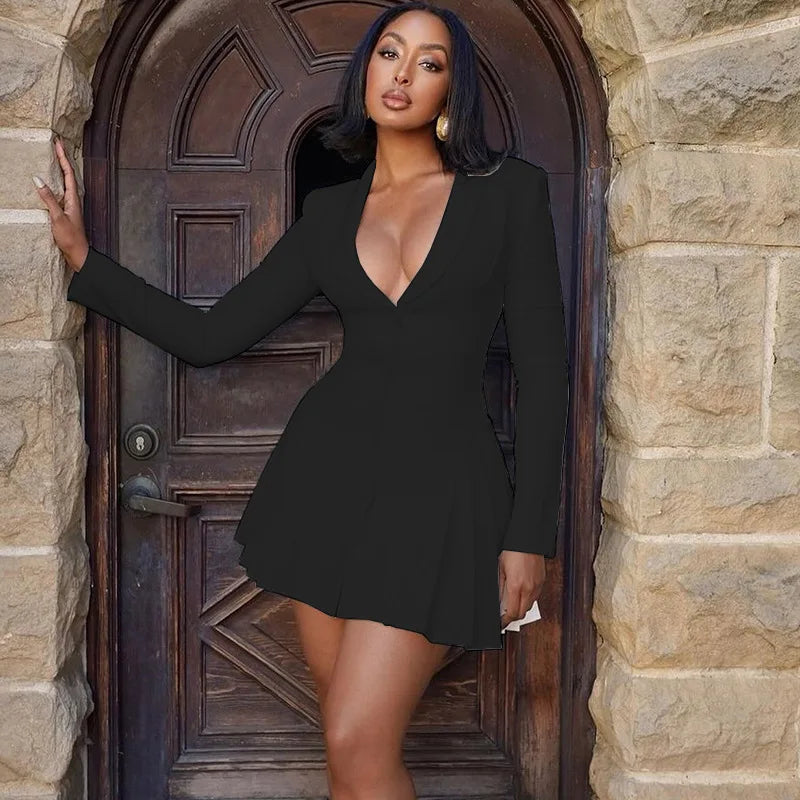 Woman Clothing Long Sleeve Single Breasted Ruffles Blazer Dress 2024 Autumn High Waist Tunics White Party Dresses Black Vestidos