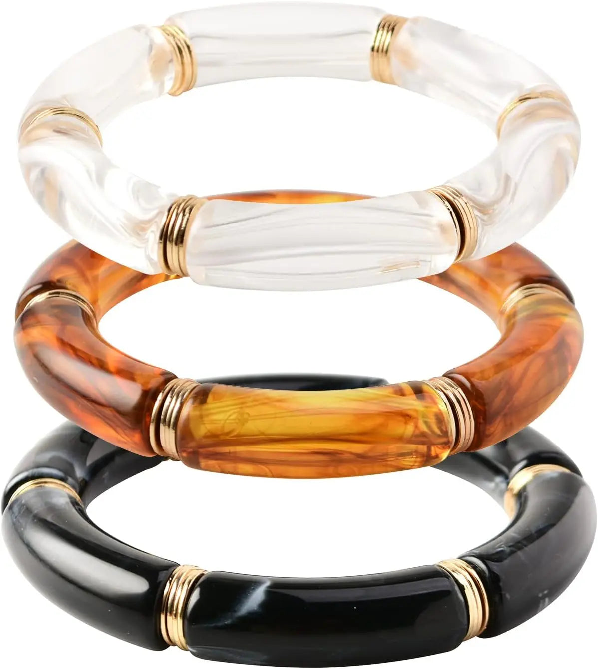 Simple Beaded Gold Bangle Bracelet Chunky Bamboo Tube Curved Stacking Clear Acrylic Colorful Stretchable Bracelets Set For Women