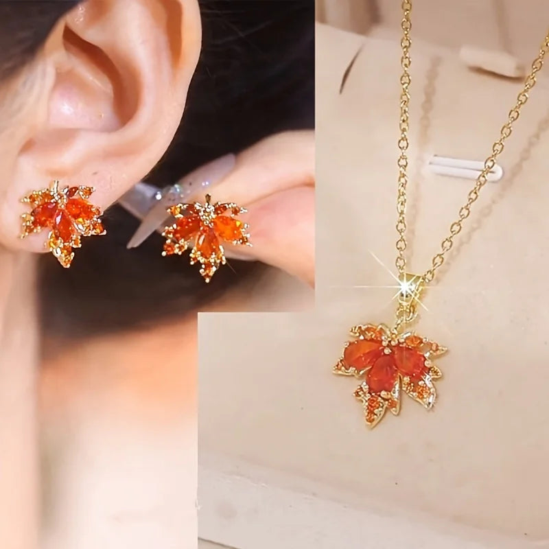 Red Maple Leaf Pendant Necklace and Earrings Two-Piece Set, Niche Light Luxury Women's Earrings and Necklace Set Birthday and New Year Gift