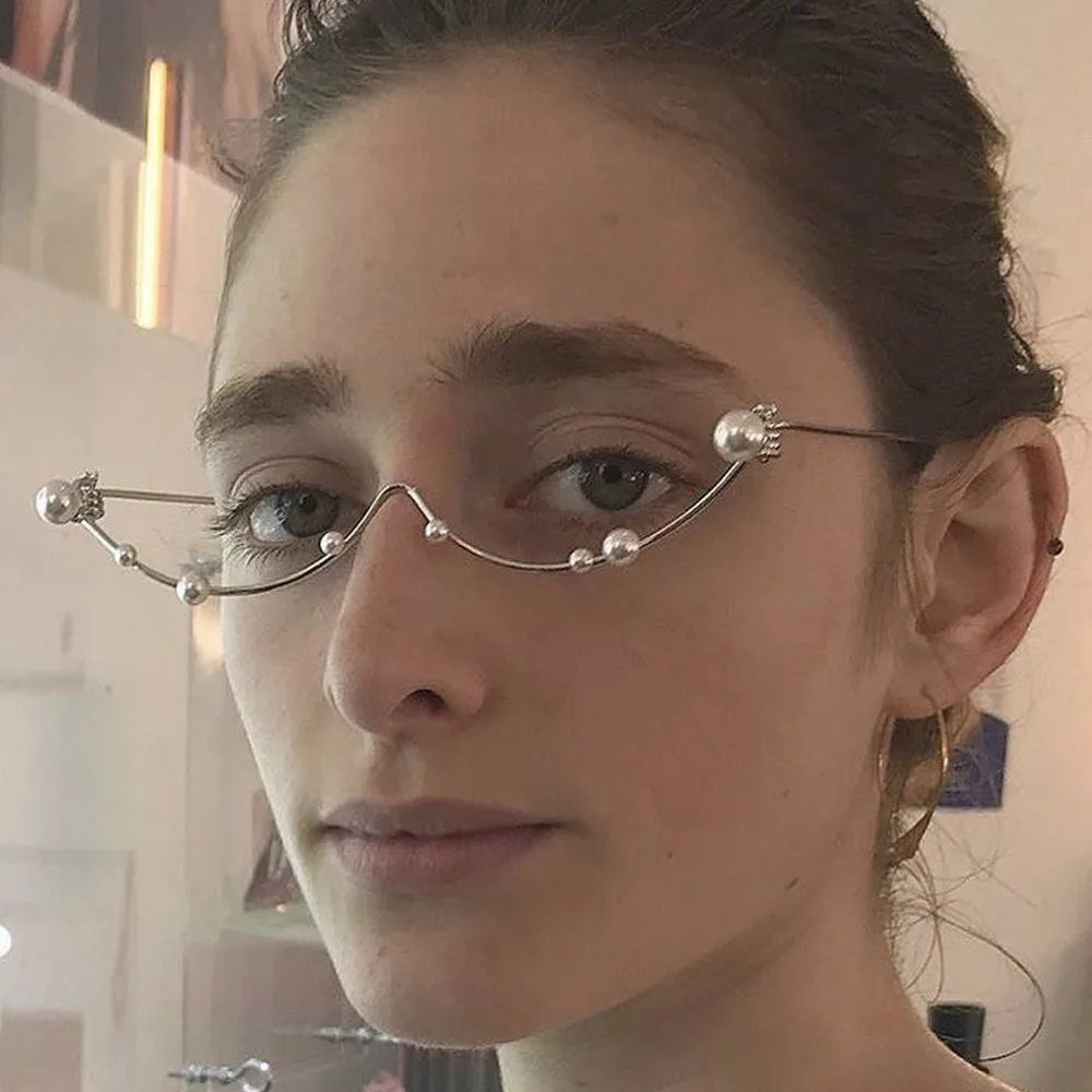 Stonefans Imitation Pearl Glasses Frame for Women No Lens Eye Decoration Exquisite Eyeglasses Y2k Metal Face Jewelry Collapsible