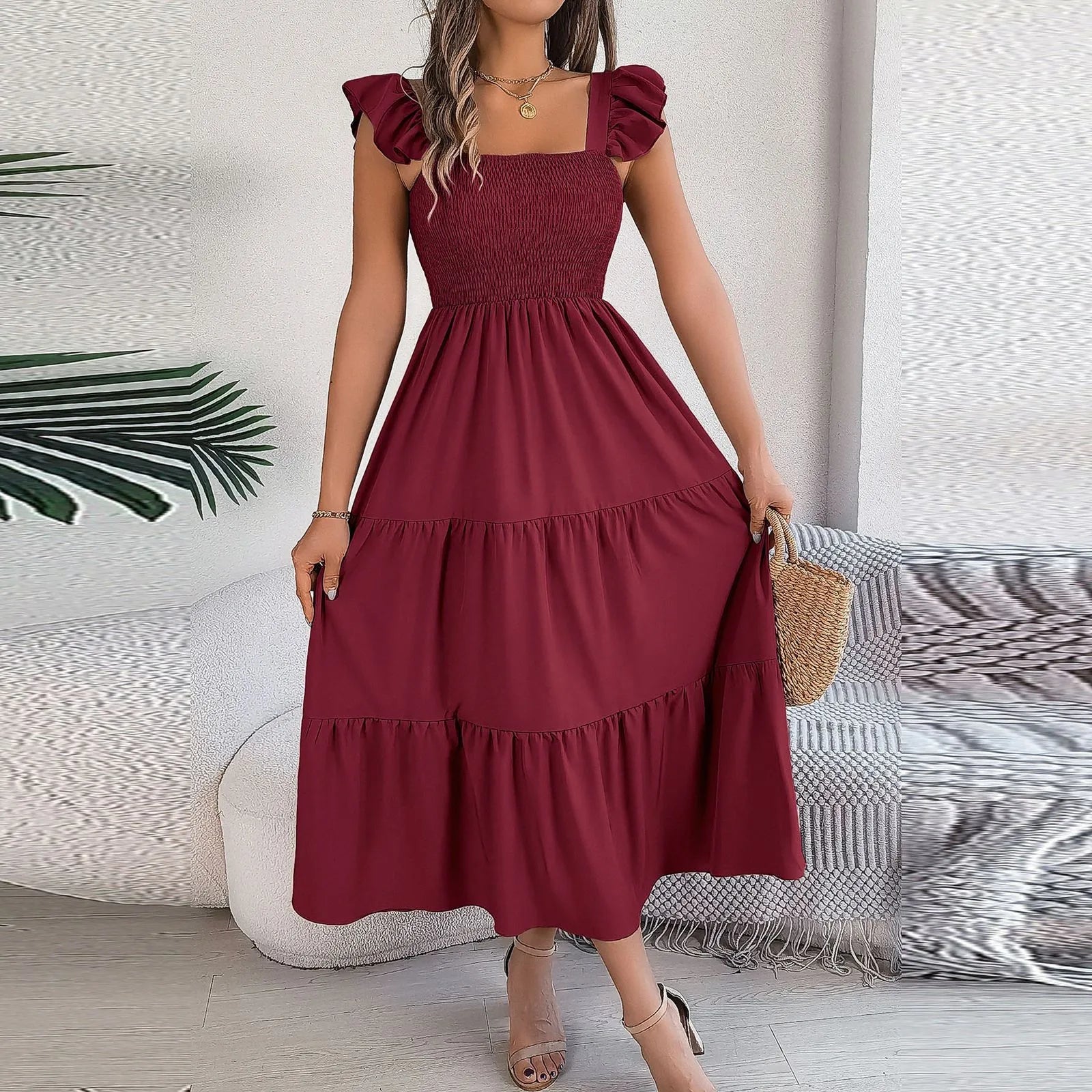 Hot Dress For 2024 Summer Solid Color Square Neck Elastic Waist  A Line Slimming Long Vestido Womens Mother Of The Bride Dresses