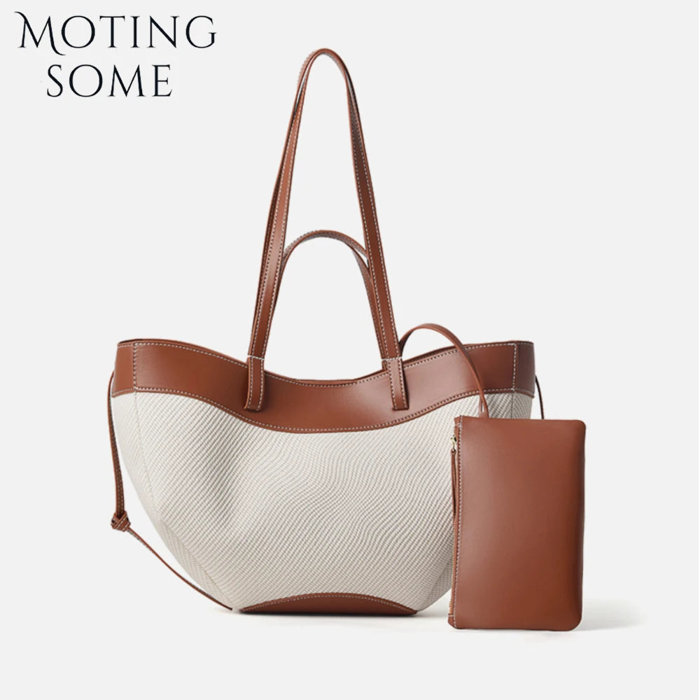 Motingsome Summer Tote Bag Woman Holiday Handbag Luxury Designer Bags Cotton Fabric with Cow Leather Shoulder Purses 2025 New
