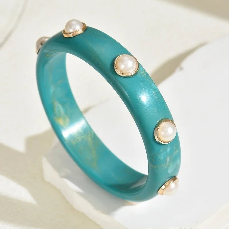 DIEZI Exaggerated Resin Pearl Shell Wide Bangles Vintage Fashion Geometric Round Bracelet Bangle For Women Men Gift Jewelry