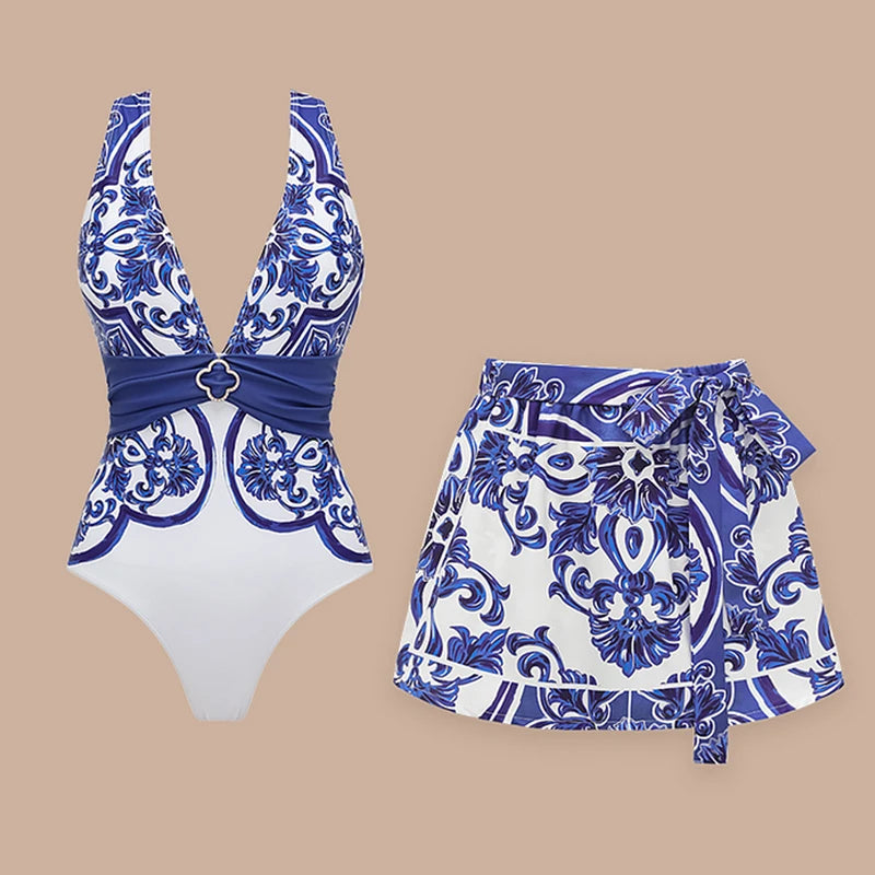 Woman Swimsuits 2025 Beach Dress V Neck Classic Majolica Series Pattern Print One Piece Swimsuit and Pants or Shorts Beachwear