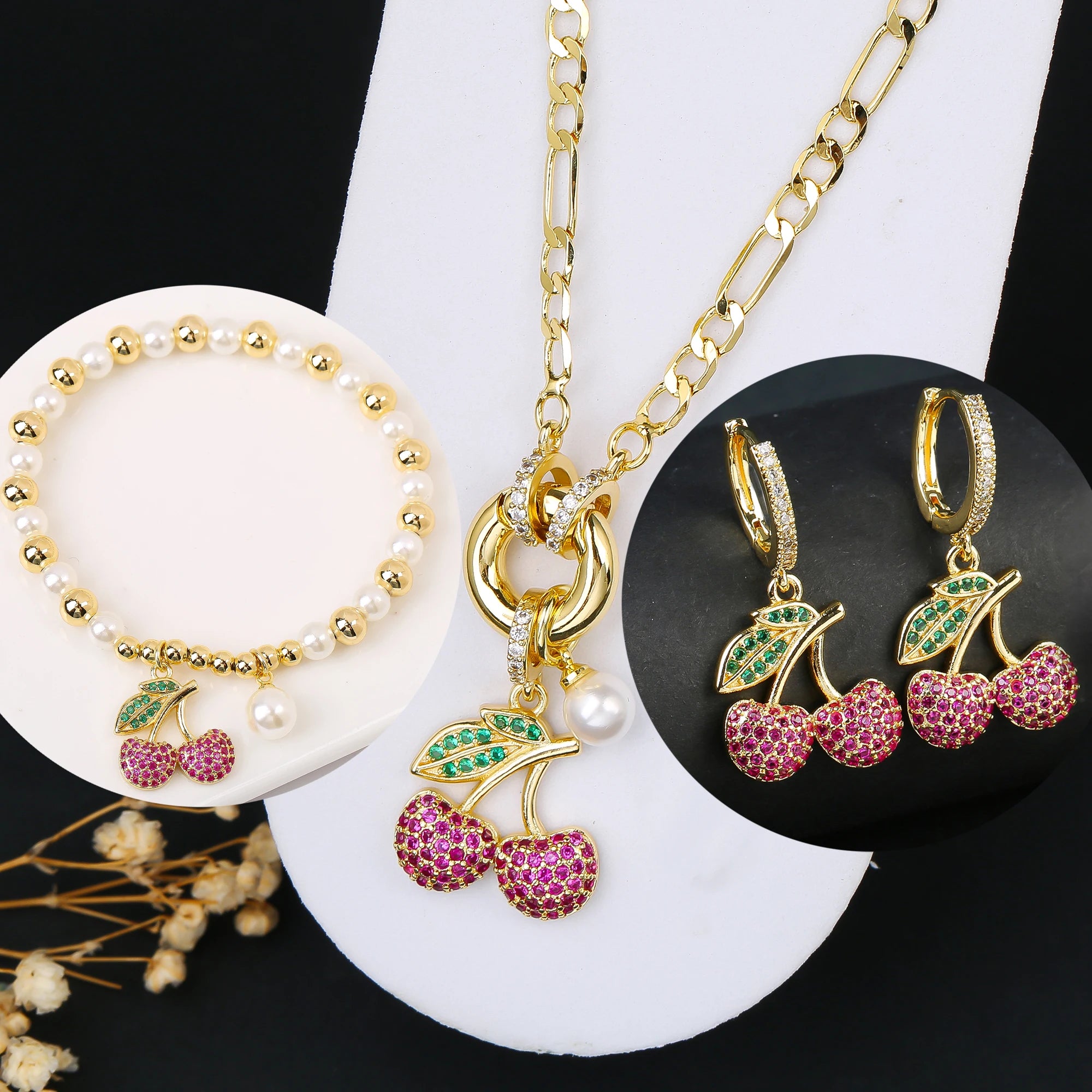 3pcs Hot Sale Shiny Zirconia Crystal Cherry Necklace Bracelet Earrings Jewelry Set Fashion for Woman Girl Wedding Lucky Jewelry