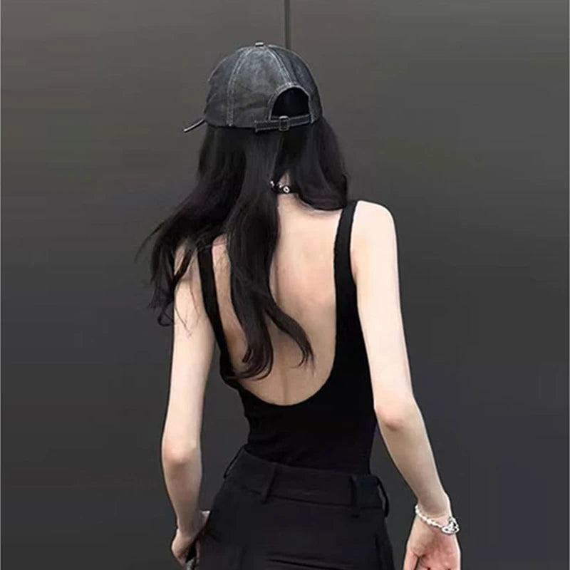 Black Strappy Bodysuit Sexy Backless Ribbed Bodysuit Romper string femme sexy Sleeveless Tank Top gloved bodysuit Body Female
