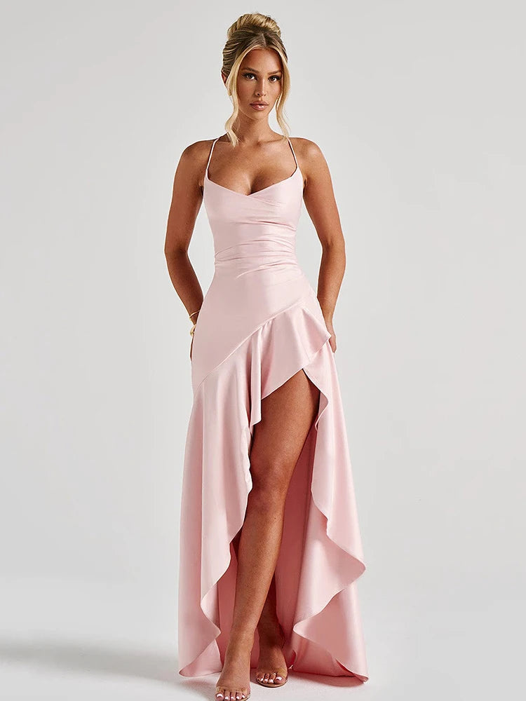Articat Elegant Spaghetti Strap Satin Split Maxi Dress Women Sexy Backless Bodycon Party Evening Dress Summer
