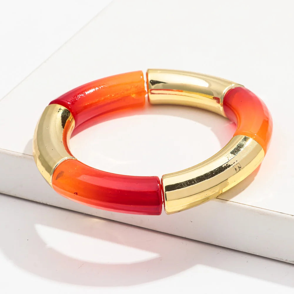 Bohemia Gold Silver Color Acrylic Chunky Bamboo for Women Bracelets Boho Resin Curved Tube Stretchy Bangle Fashion Jewelry