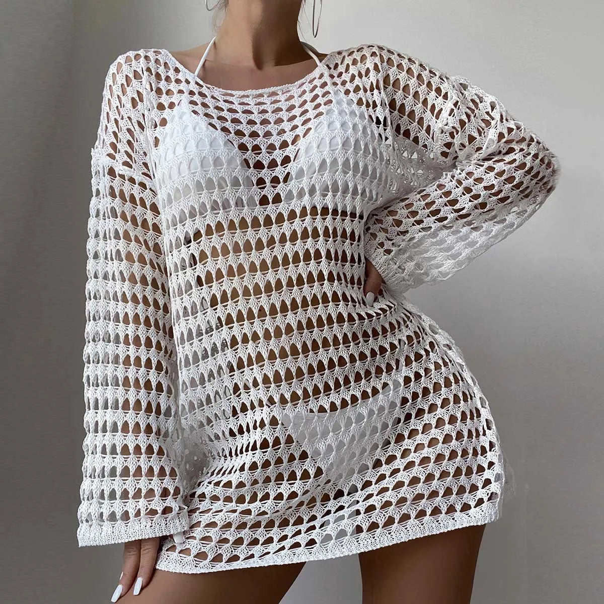 New Summer Women's Knitted Hollow Pullover Round Neck Long-sleeved Swimsuit Hood