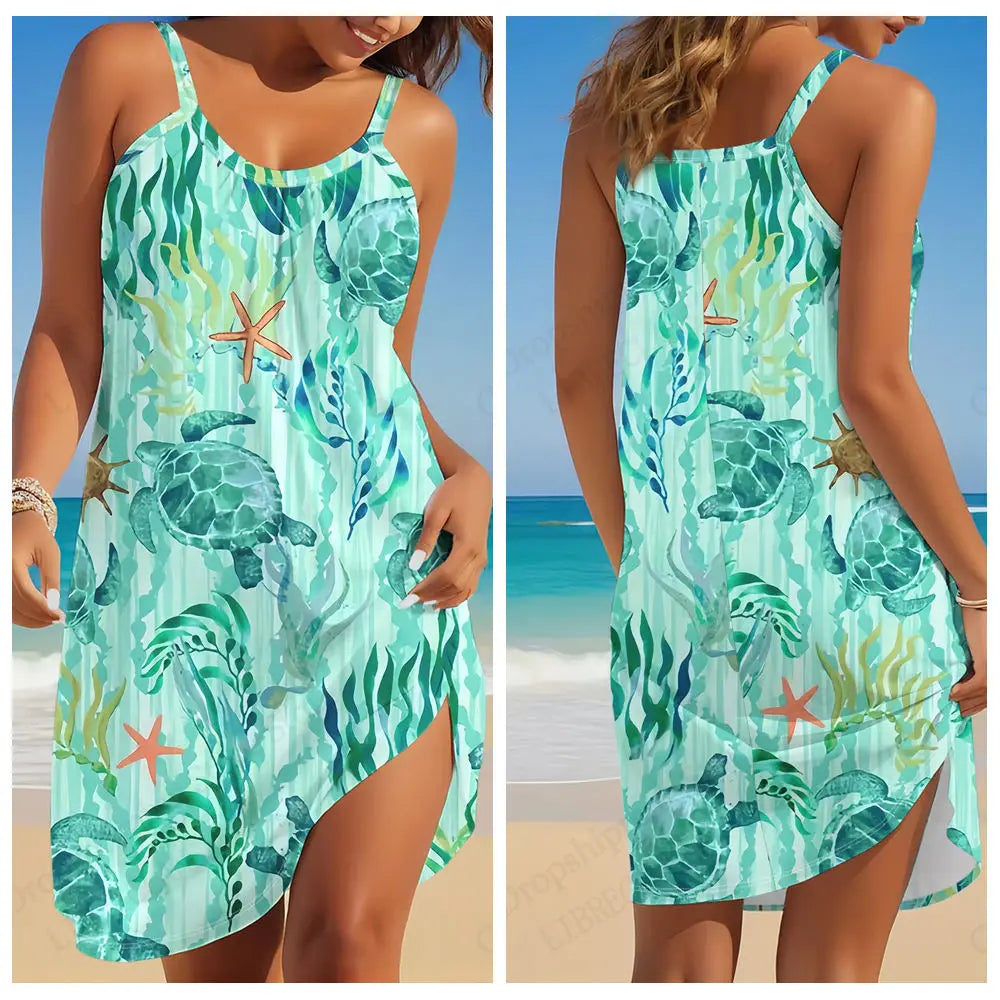 New Women Dress Sleeveless Elegant For Women Fashion Summer Mini Strap Beach Dress Sea Turtle 3d Print Dresses Bohemian Party