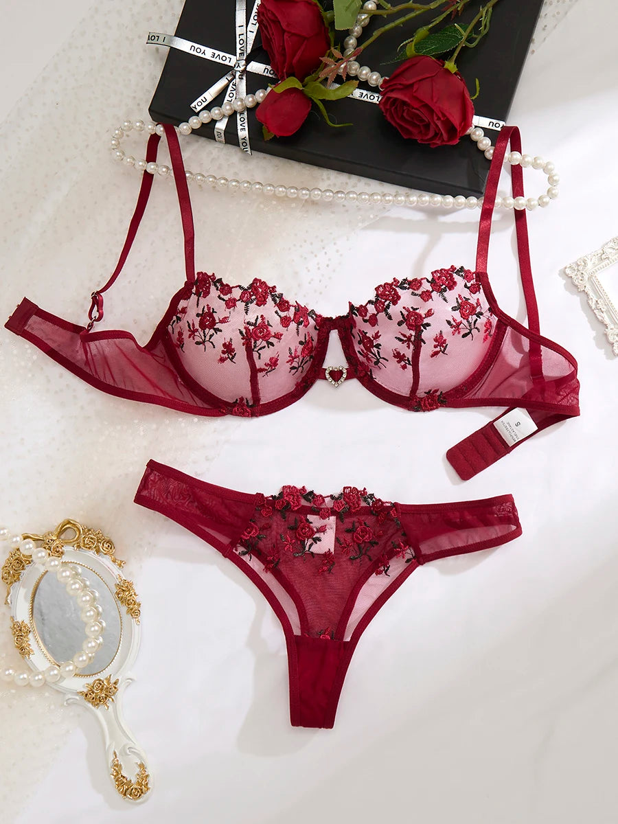 Ladies' wine red heart-shaped design embroidered semi transparent comfortable breathable underwear set, suitable for all seasons