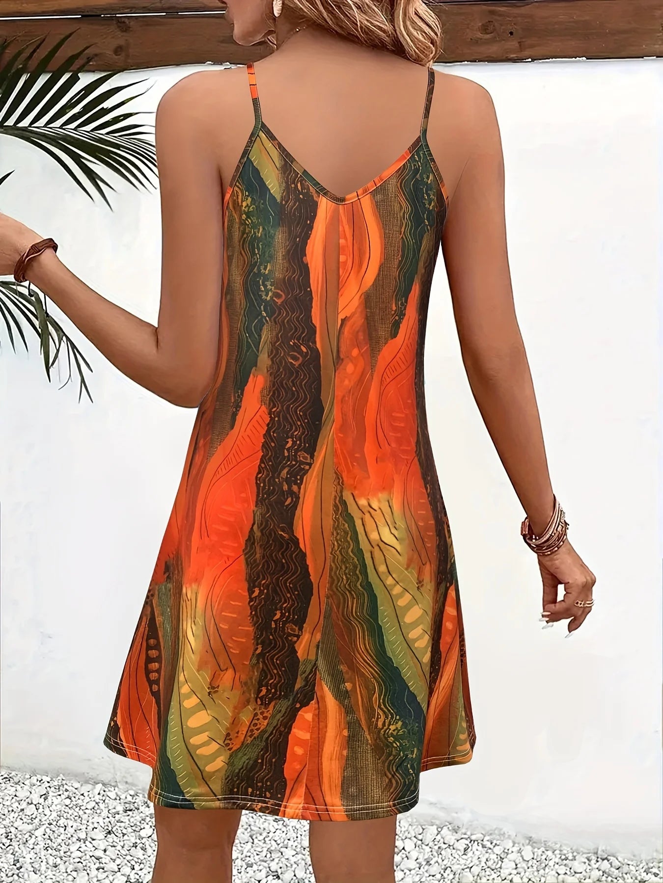 Women's Summer Spaghetti Strap Dress, Colorful Abstract Print, Ideal Vacation Outfits, Flowy Casual Dress, Must - Have Clothes