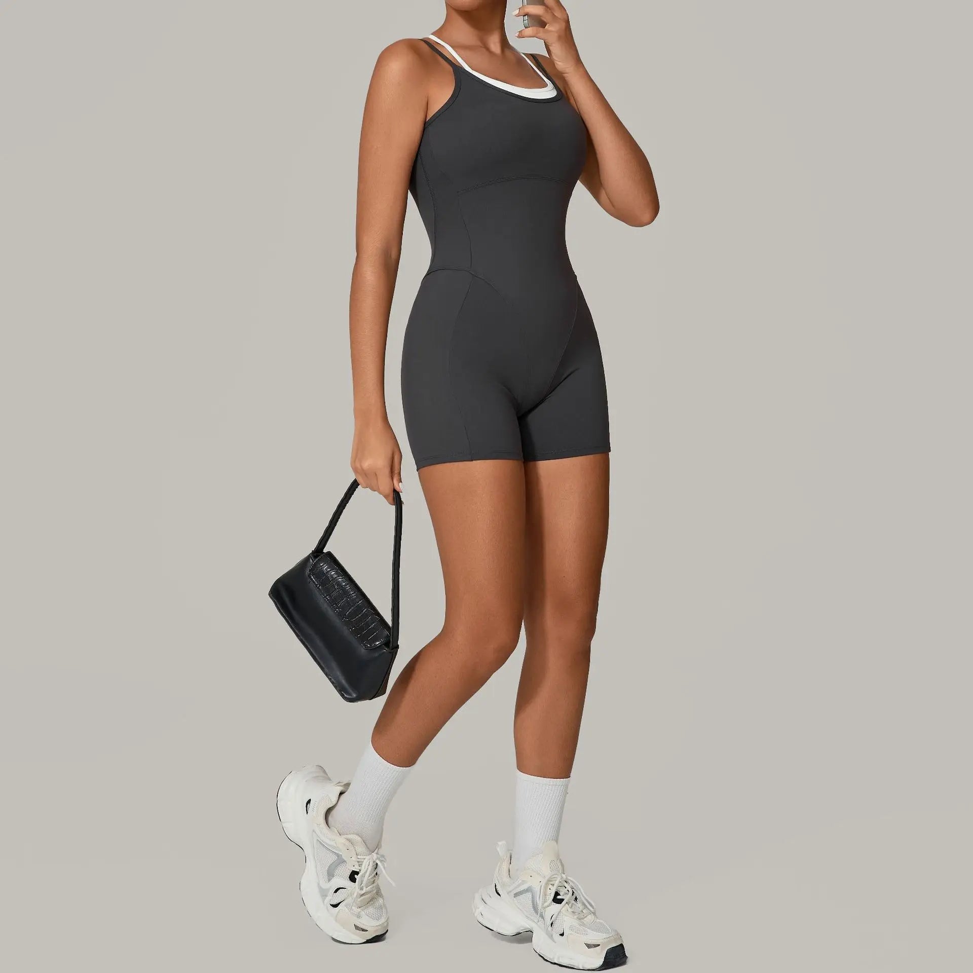 2025 Summer  Women's Fake Two-Piece Color-Blocked Camisole Jumpsuit Backless for Outdoor Fitness Yoga High-End Active One Piece
