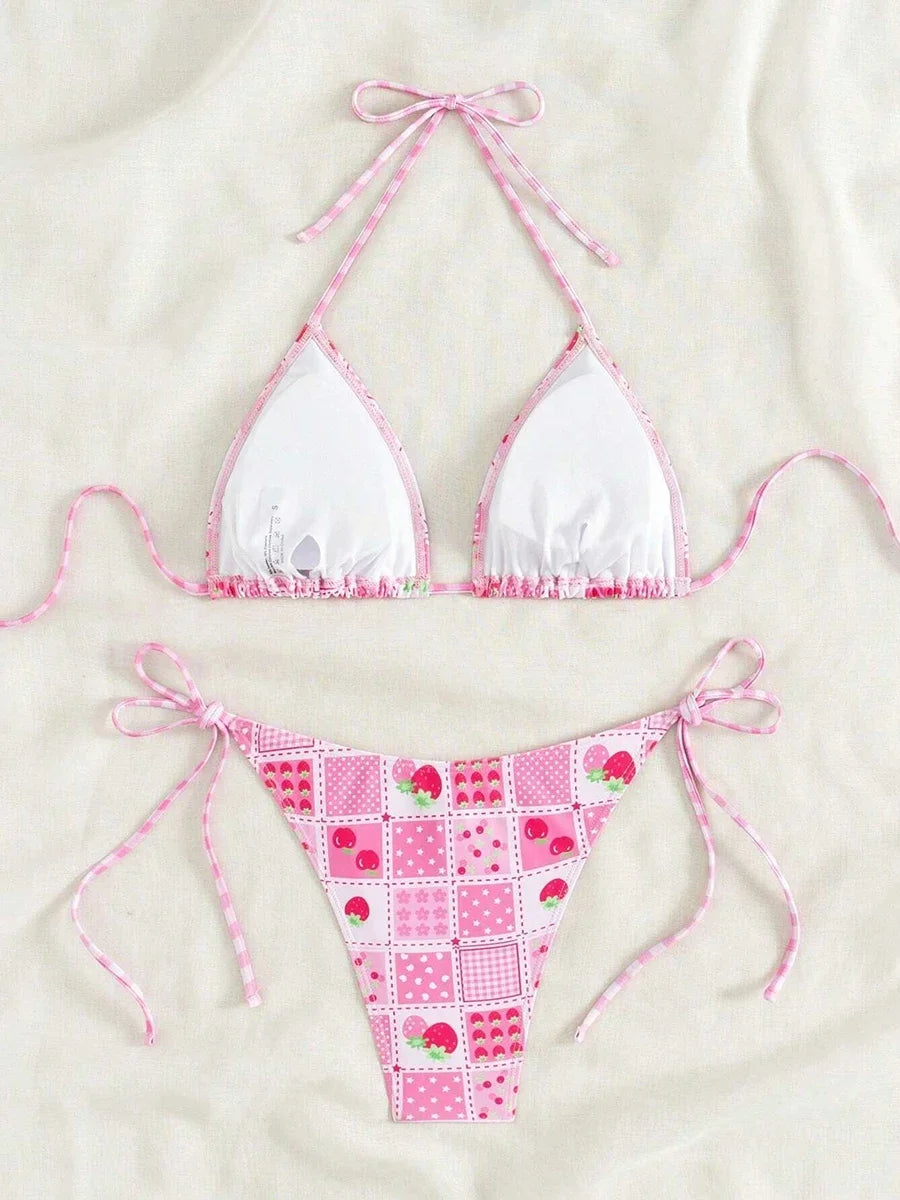 Swimsuit 2025 Female Micro Bikini Women Swimwear Summer Beachwear Women's Bathing Suit Floral Print Neck Halter Thong Bikini Set