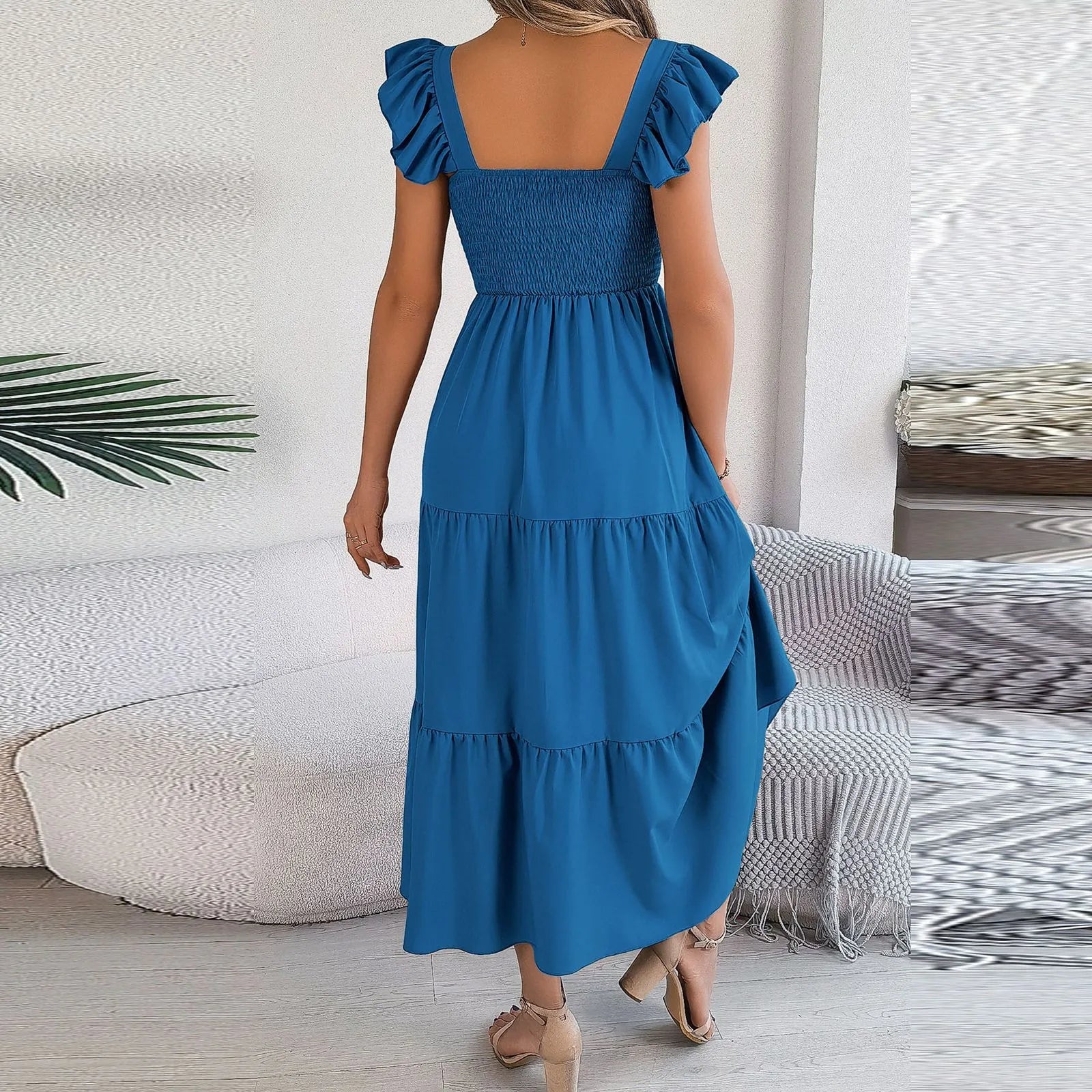 Hot Dress For 2024 Summer Solid Color Square Neck Elastic Waist  A Line Slimming Long Vestido Womens Mother Of The Bride Dresses