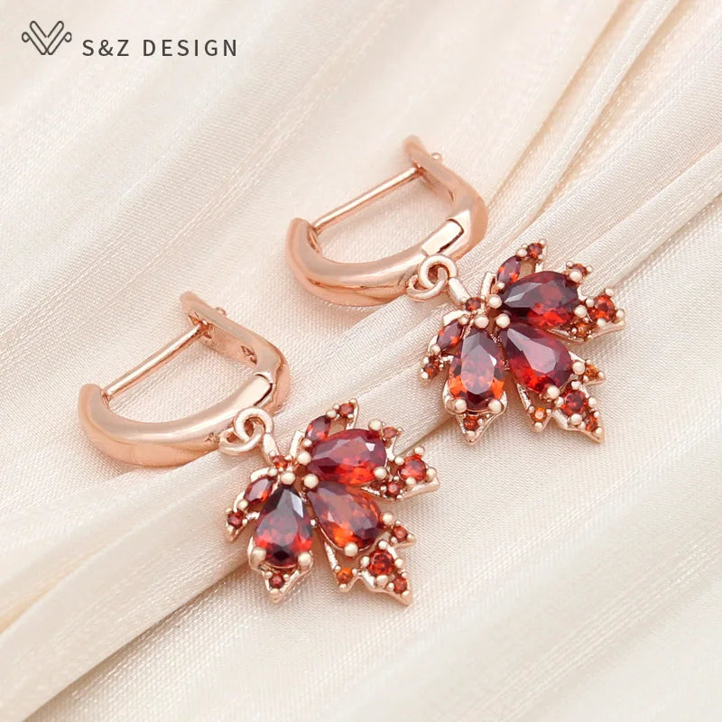 S&Z DESIGN New Fashion 585 Rose Gold Color Red Maple Leaf Zirconia Dangle Earrings Jewelry Sets For Women Wedding Necklace