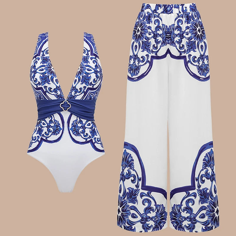 Woman Swimsuits 2025 Beach Dress V Neck Classic Majolica Series Pattern Print One Piece Swimsuit and Pants or Shorts Beachwear