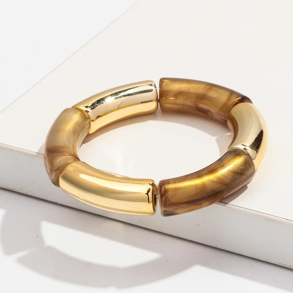 Bohemia Gold Silver Color Acrylic Chunky Bamboo for Women Bracelets Boho Resin Curved Tube Stretchy Bangle Fashion Jewelry
