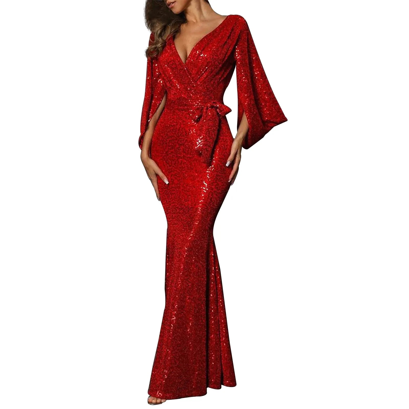 Red Elegant Fishtail Long Dresses for Women Warp V Neck Sequin Wedding Evening Dresses Female Formal Bodycon Vestidos de Fiesta