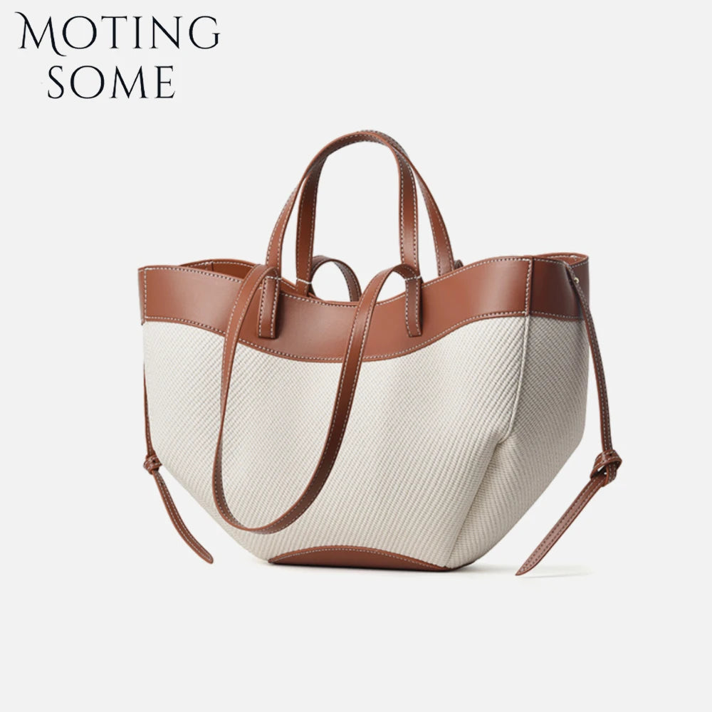 Motingsome Summer Tote Bag Woman Holiday Handbag Luxury Designer Bags Cotton Fabric with Cow Leather Shoulder Purses 2025 New