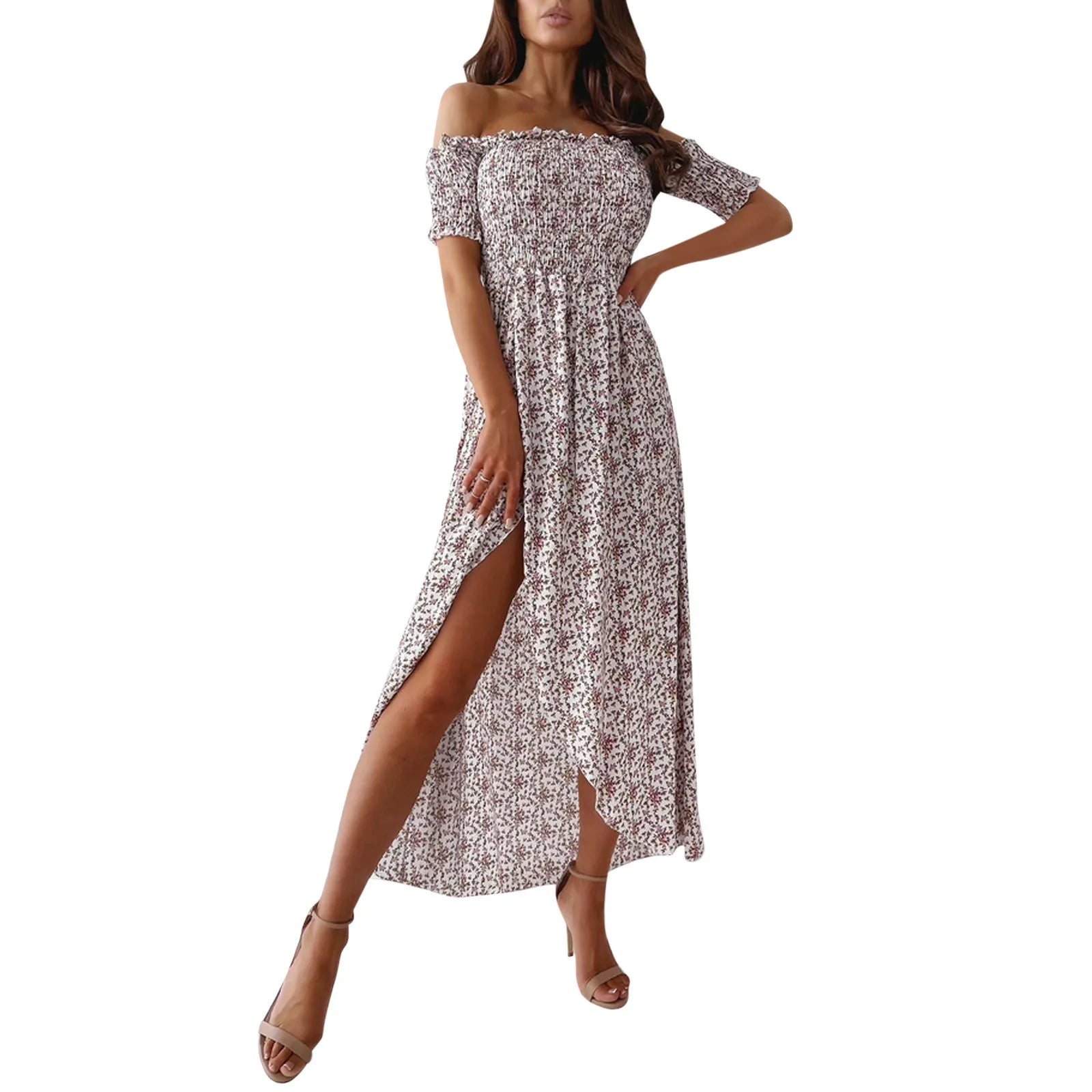 Women Elegant Floral Printed Long Dresses 2023 Summer Sexy Off Shoulder High Slit Party Beach Maxi Dress Ladies Boho Dress