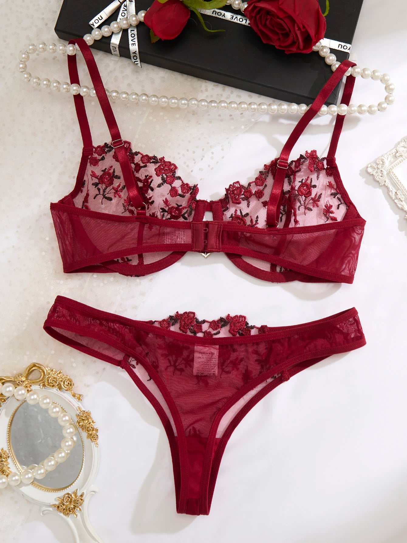 Ladies' wine red heart-shaped design embroidered semi transparent comfortable breathable underwear set, suitable for all seasons