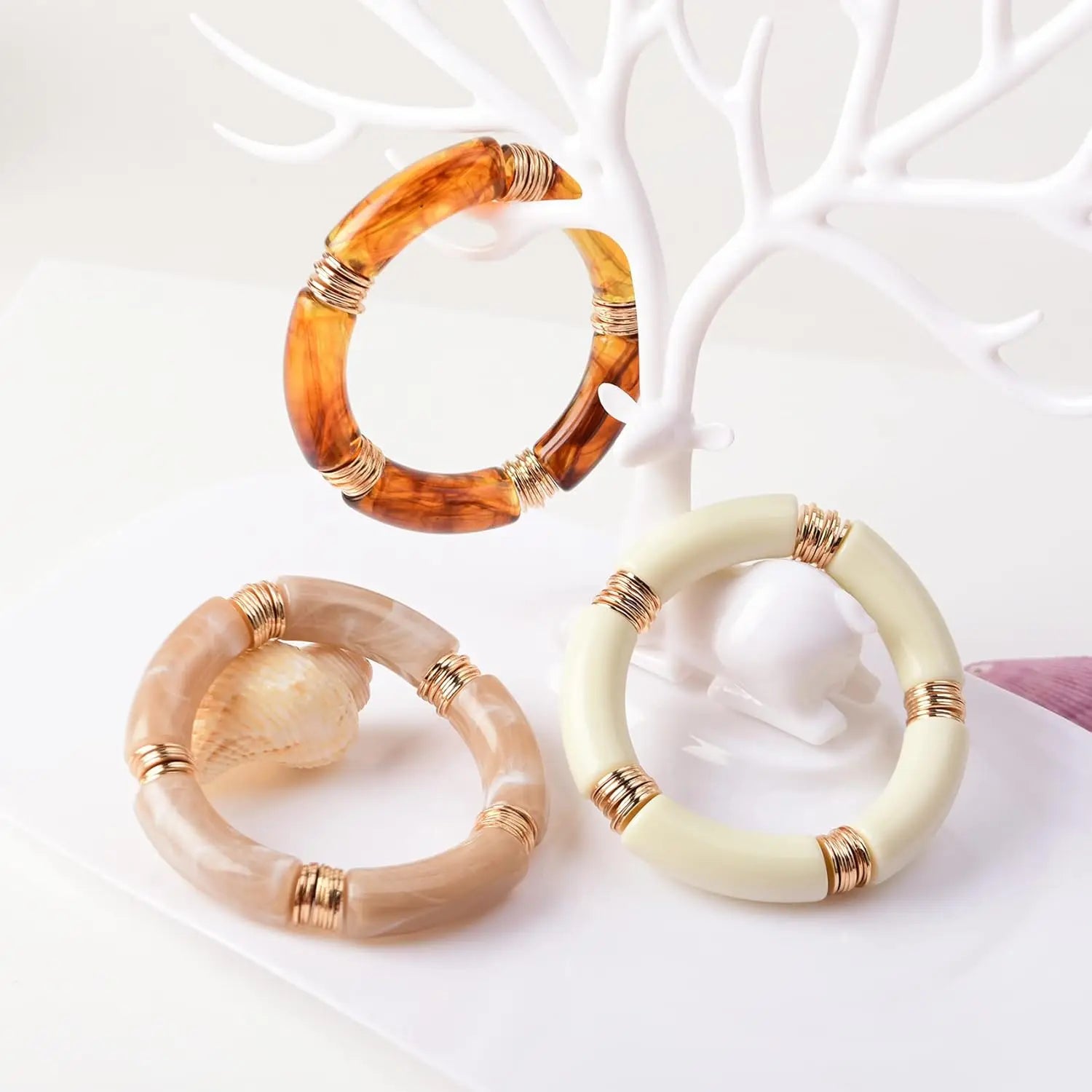 Simple Beaded Gold Bangle Bracelet Chunky Bamboo Tube Curved Stacking Clear Acrylic Colorful Stretchable Bracelets Set For Women