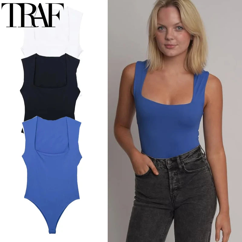 TRAF Woman Bodysuit Summer Sleeveless Tops Blue Body Sexy Women Corset Black White Bodysuit Lingerie One Piece Slimming Bodysuit