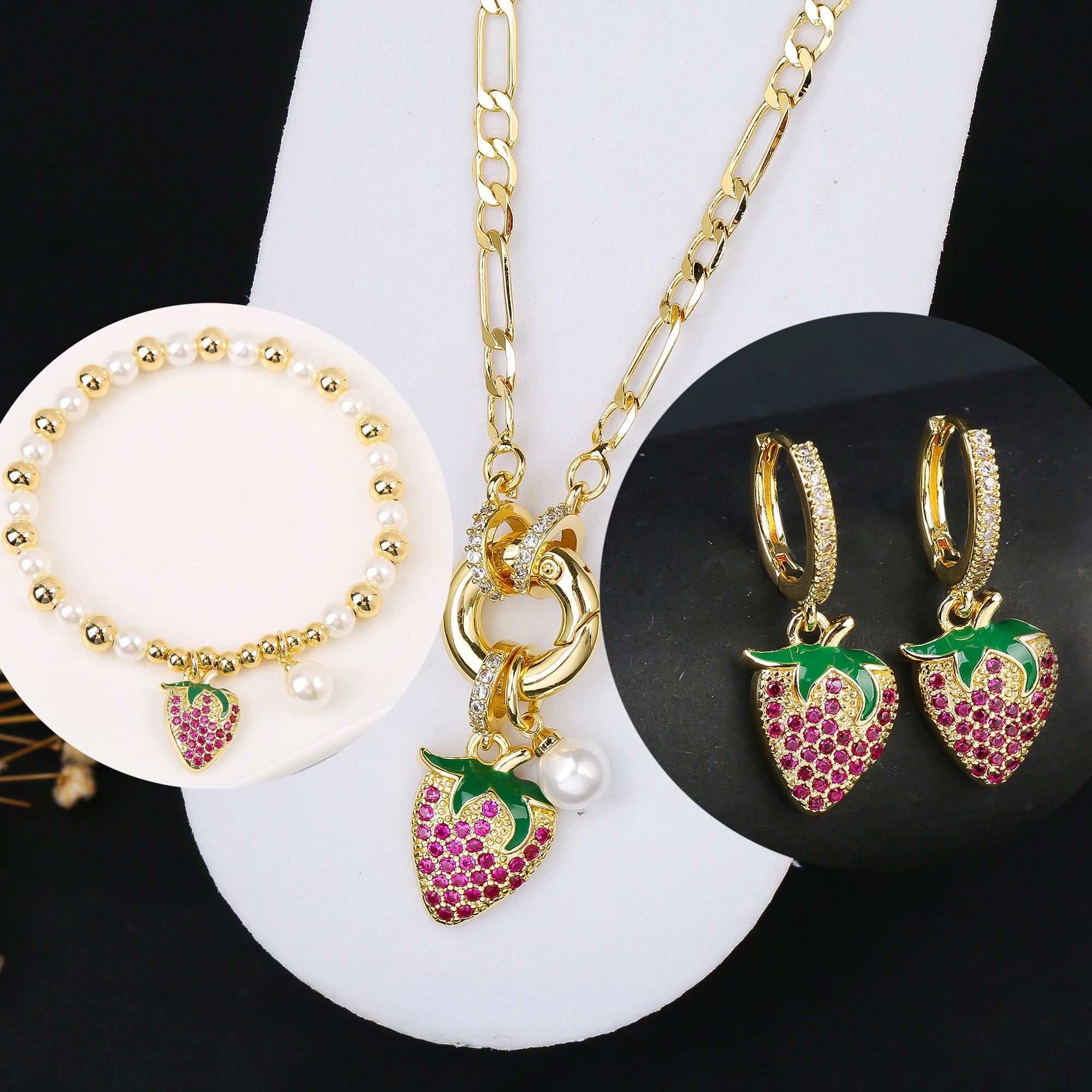 3pcs Hot Sale Shiny Zirconia Crystal Cherry Necklace Bracelet Earrings Jewelry Set Fashion for Woman Girl Wedding Lucky Jewelry