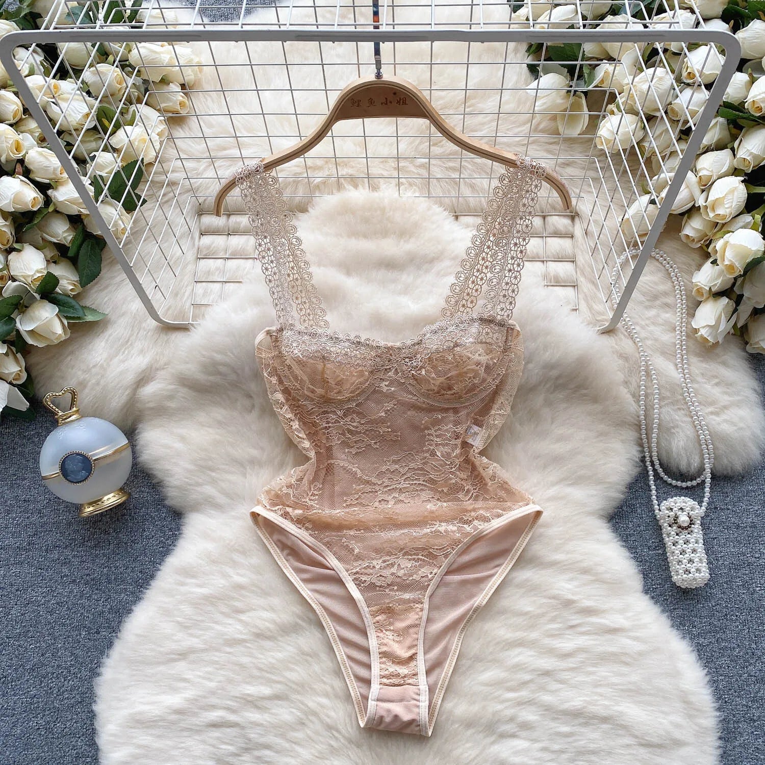 ssTss Fashion Sexy Lace Camisole V-Neck Jumpsuit Women's Sleeveless Slim Fit Mesh Bottom Versatile Bodysuit Tank Top