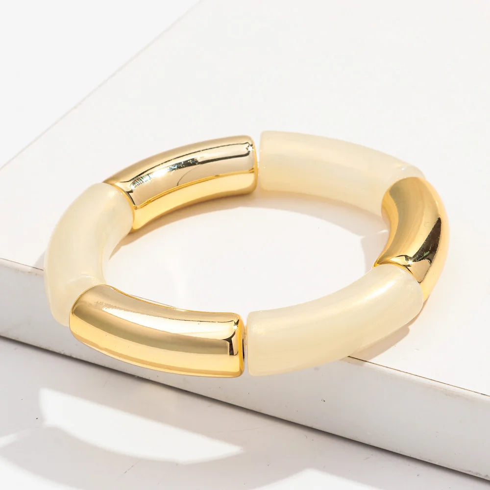 Bohemia Gold Silver Color Acrylic Chunky Bamboo for Women Bracelets Boho Resin Curved Tube Stretchy Bangle Fashion Jewelry