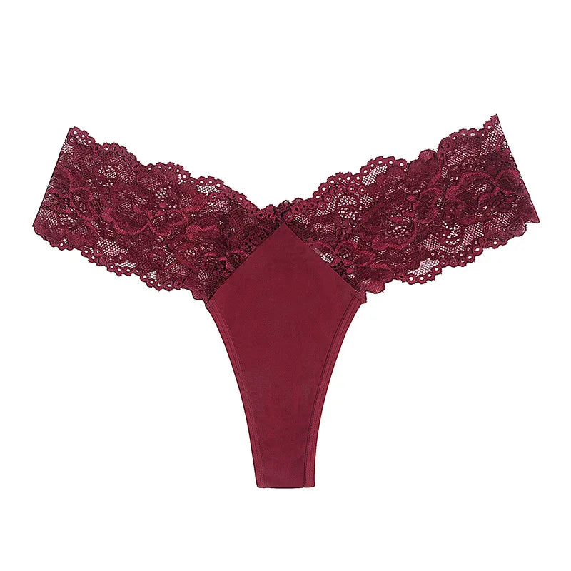 Sexy Sheer Lace Mid-Rise Women's Thong Panties - Nylon Knit Underwear, Lingerie Intimates for Ladies | Comfortable Hollow Design