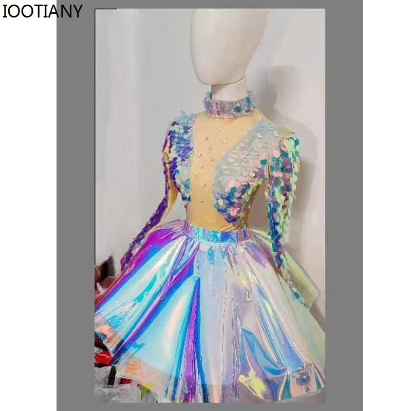 Sexy Mermaid Cosplay Jumpsuit Women Colorful Sequins Fish Scale Rhinestone Bodysuit Masquerade Party Dress Gogo Dancer Swimsuits