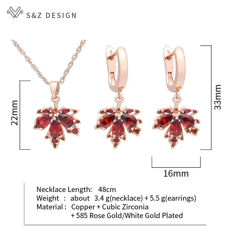 S&Z DESIGN New Fashion 585 Rose Gold Color Red Maple Leaf Zirconia Dangle Earrings Jewelry Sets For Women Wedding Necklace
