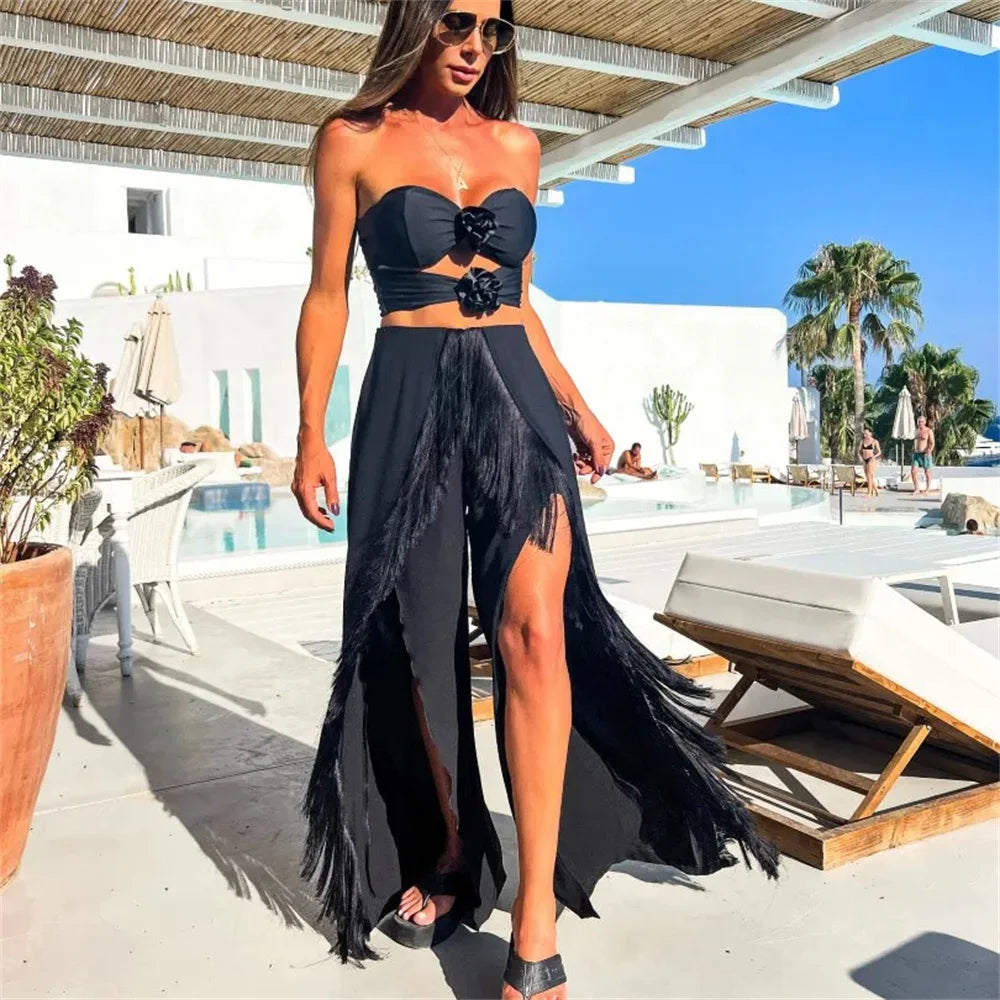 Black Sexy Bikini Pantdress Set Swimwear Women 2025 Off Shoulder SwimSuit Summer Ladies Bikini Mesh Bathing Suit Beachwear